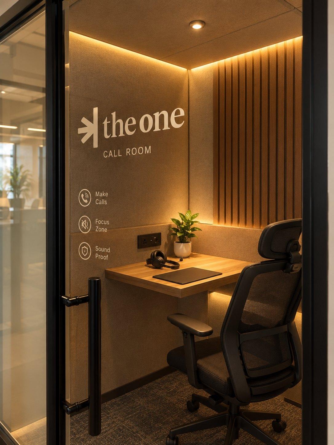 A soundproof call room at TheOne with warm light and a wooden slat wall