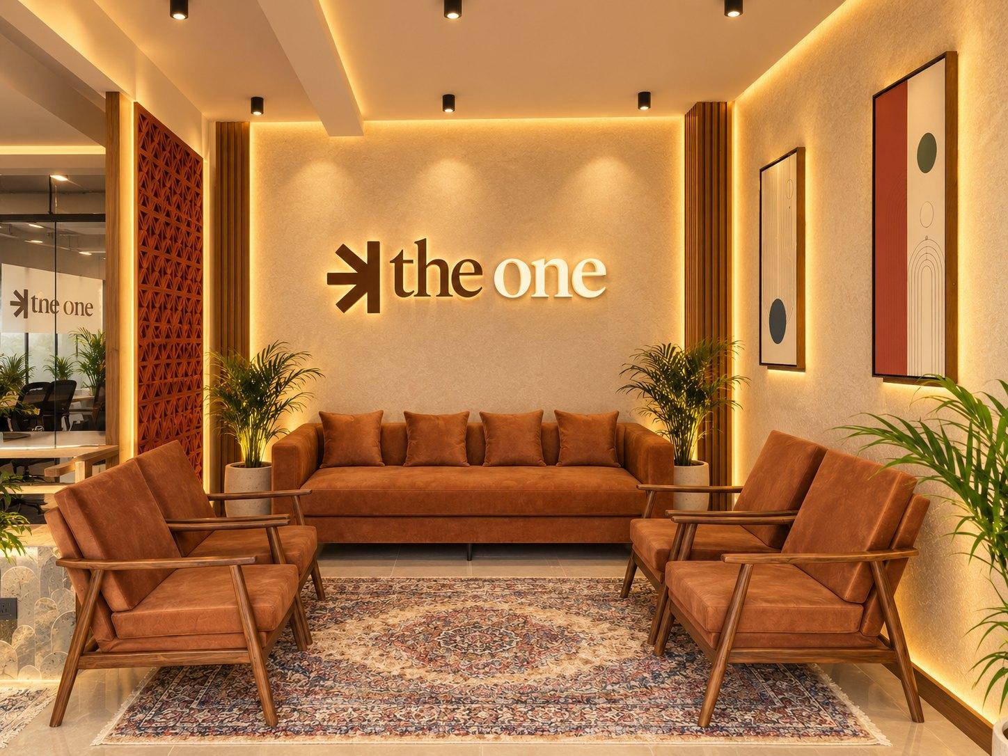 The reception lounge at TheOne with a rust sofa, armchairs and the backlit logo
