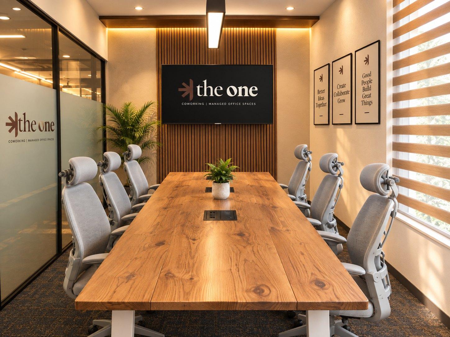 The meeting room at TheOne with a long wooden table and a wall screen