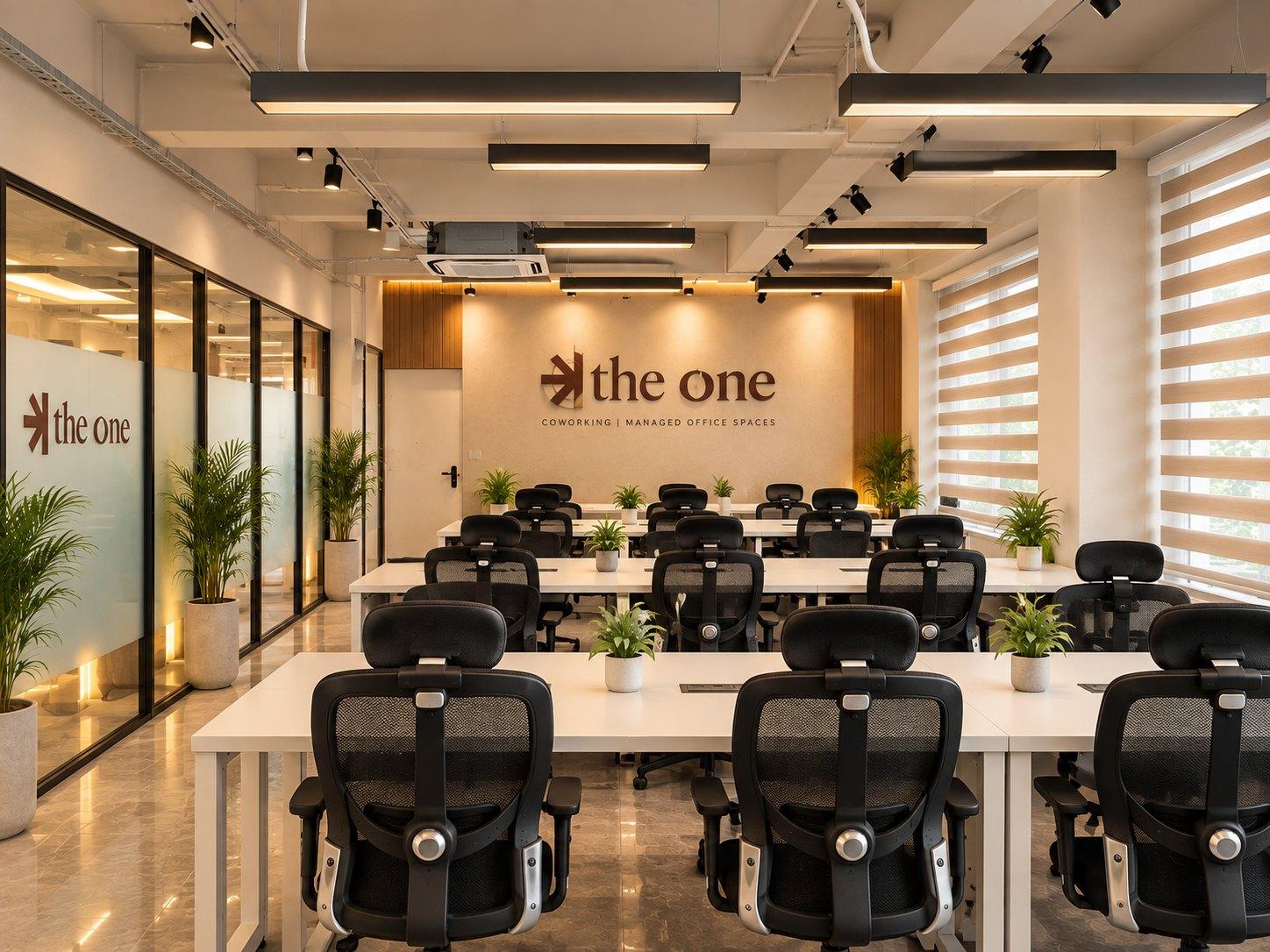 The open workspace at TheOne with rows of desks and the logo wall